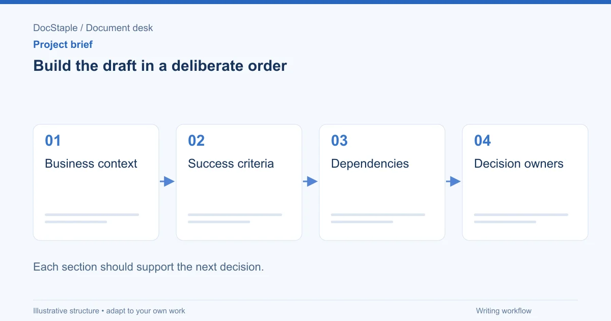 Build the draft in a deliberate order: Business context; Success criteria; Dependencies; Decision owners.