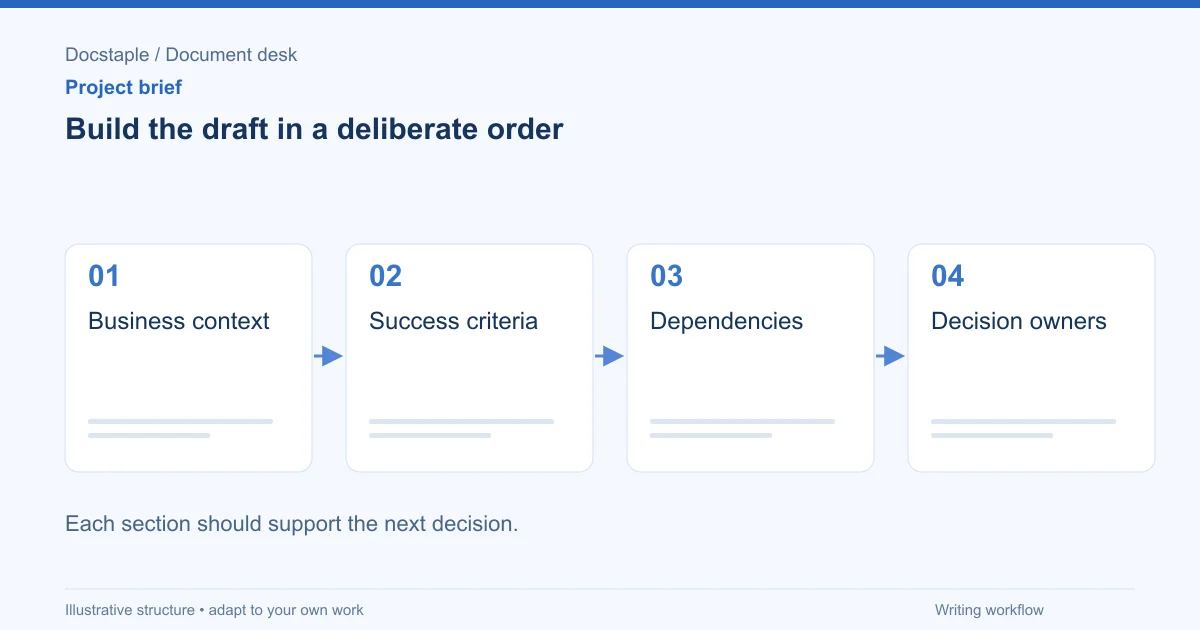 Build the draft in a deliberate order: Business context; Success criteria; Dependencies; Decision owners.