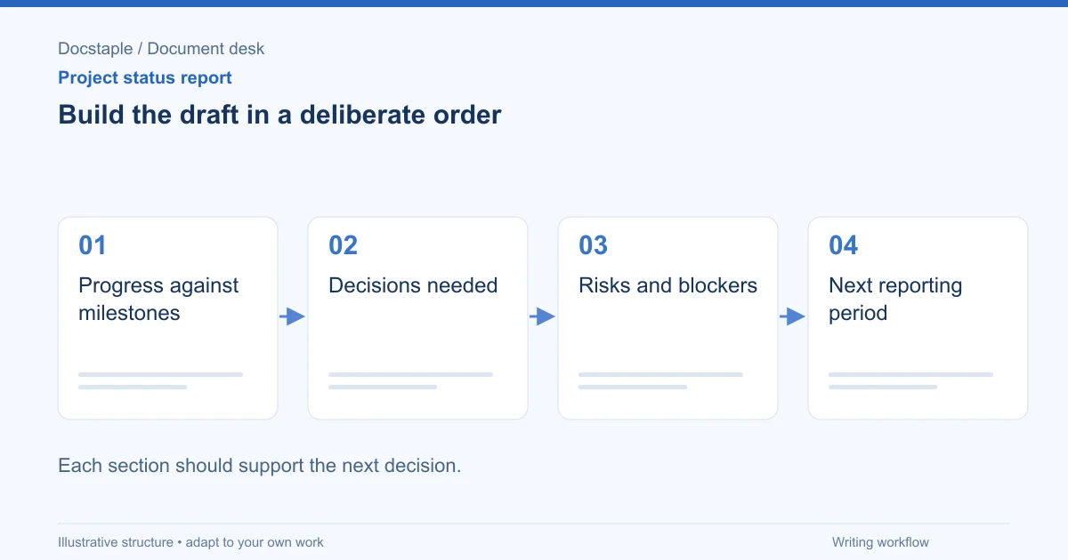 Build the draft in a deliberate order: Progress against milestones; Decisions needed; Risks and blockers; Next reporting period.