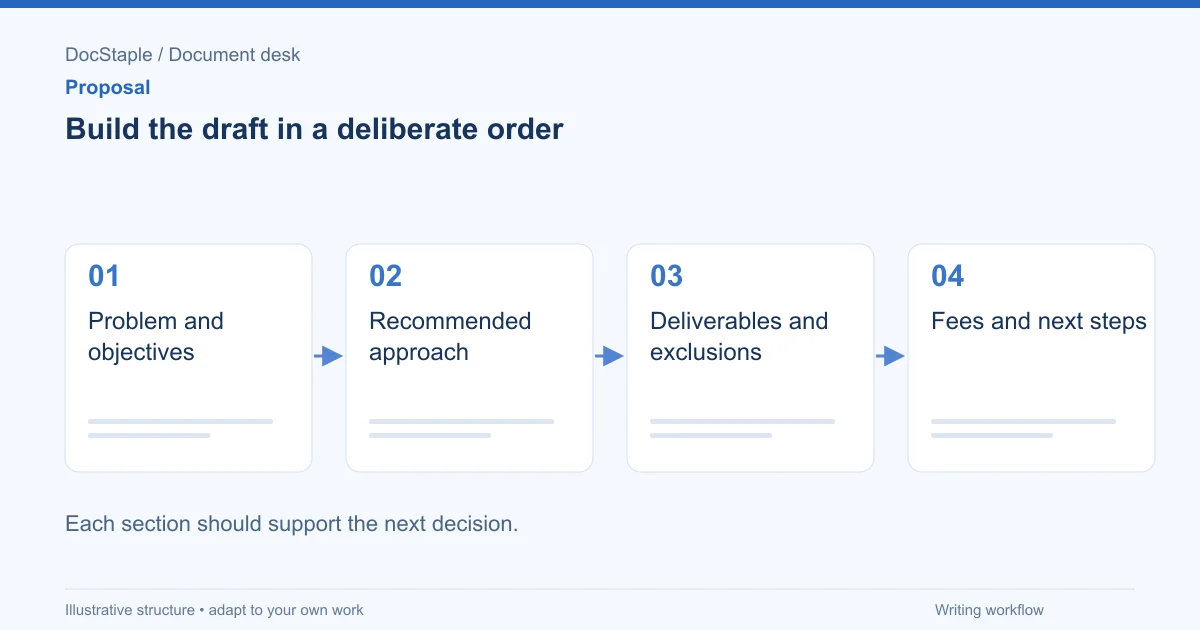 Build the draft in a deliberate order: Problem and objectives; Recommended approach; Deliverables and exclusions; Fees and next steps.