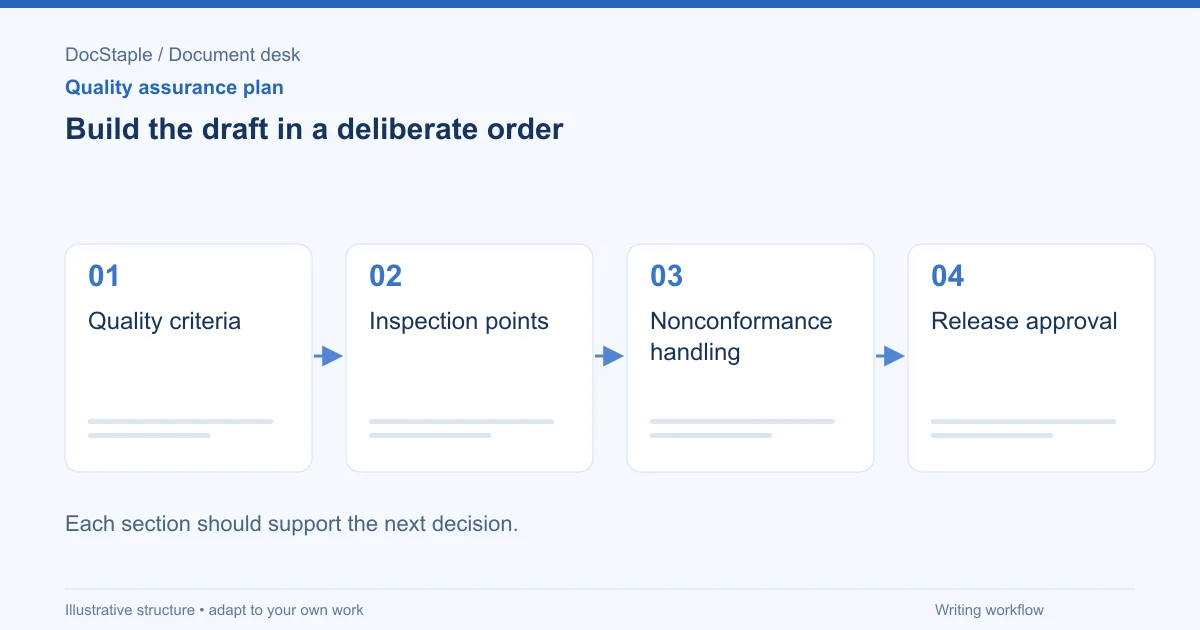 Build the draft in a deliberate order: Quality criteria; Inspection points; Nonconformance handling; Release approval.