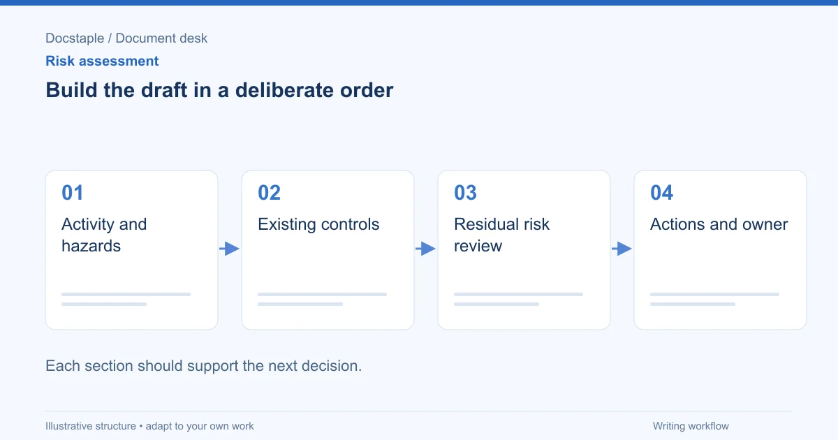Build the draft in a deliberate order: Activity and hazards; Existing controls; Residual risk review; Actions and owner.