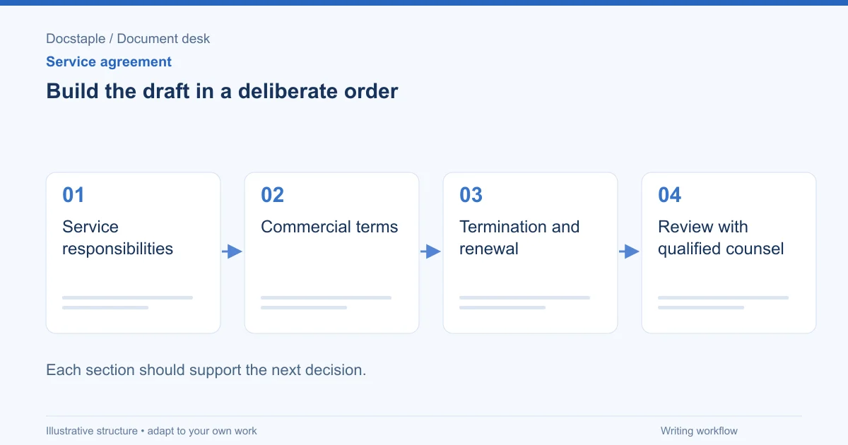 Build the draft in a deliberate order: Service responsibilities; Commercial terms; Termination and renewal; Review with qualified counsel.