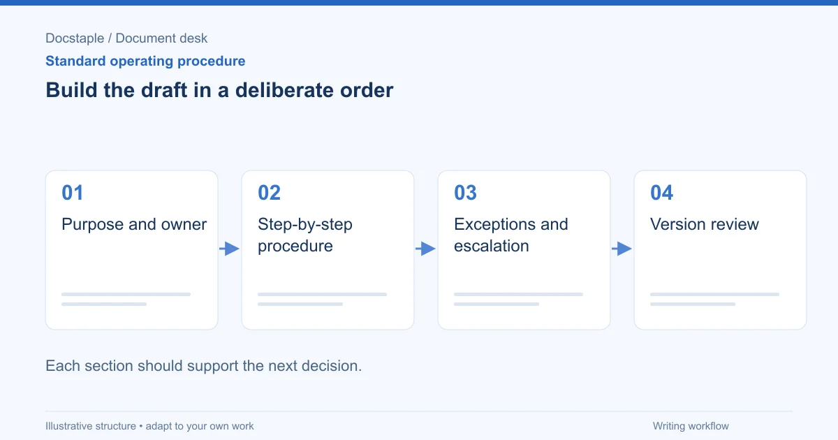 Build the draft in a deliberate order: Purpose and owner; Step-by-step procedure; Exceptions and escalation; Version review.