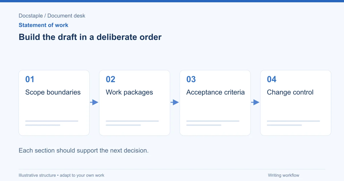 Build the draft in a deliberate order: Scope boundaries; Work packages; Acceptance criteria; Change control.