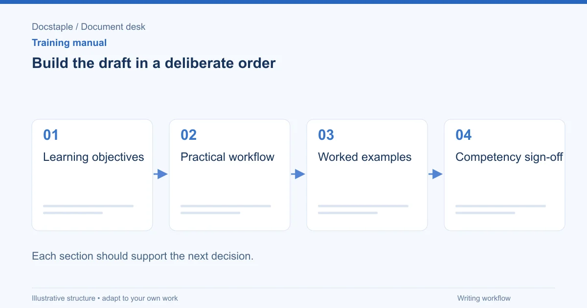 Build the draft in a deliberate order: Learning objectives; Practical workflow; Worked examples; Competency sign-off.