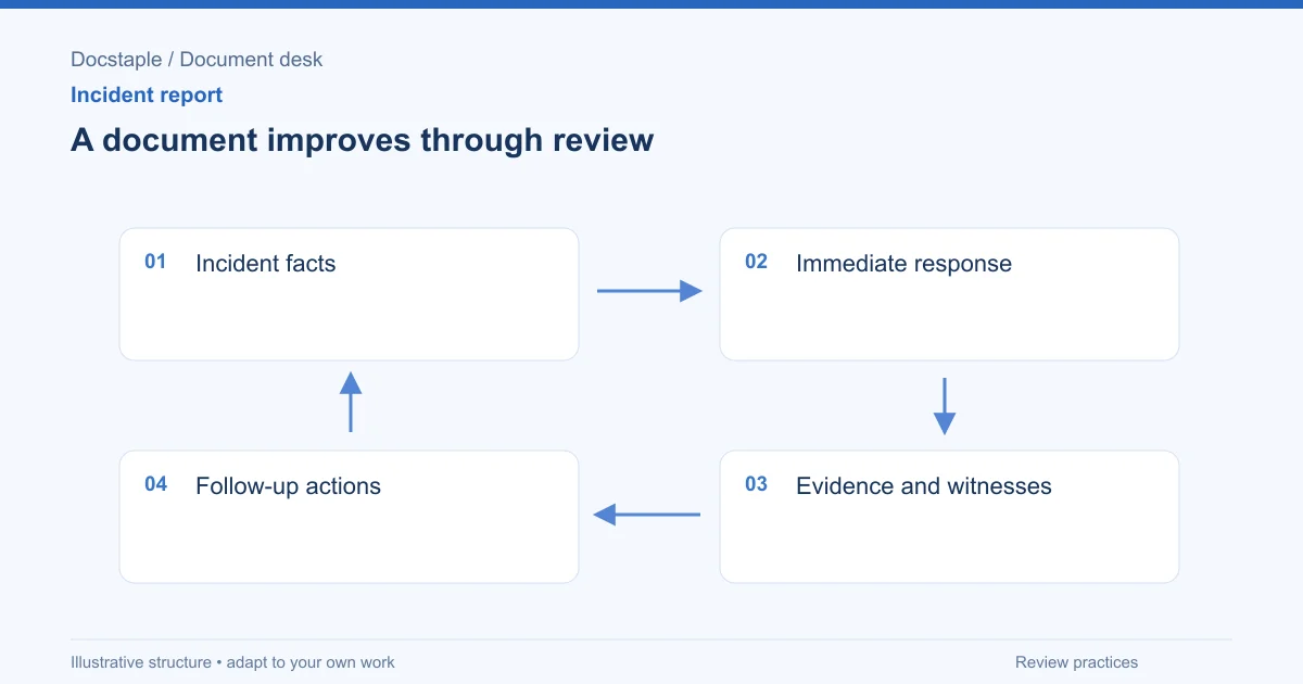 A document improves through review: Incident facts; Immediate response; Evidence and witnesses; Follow-up actions.