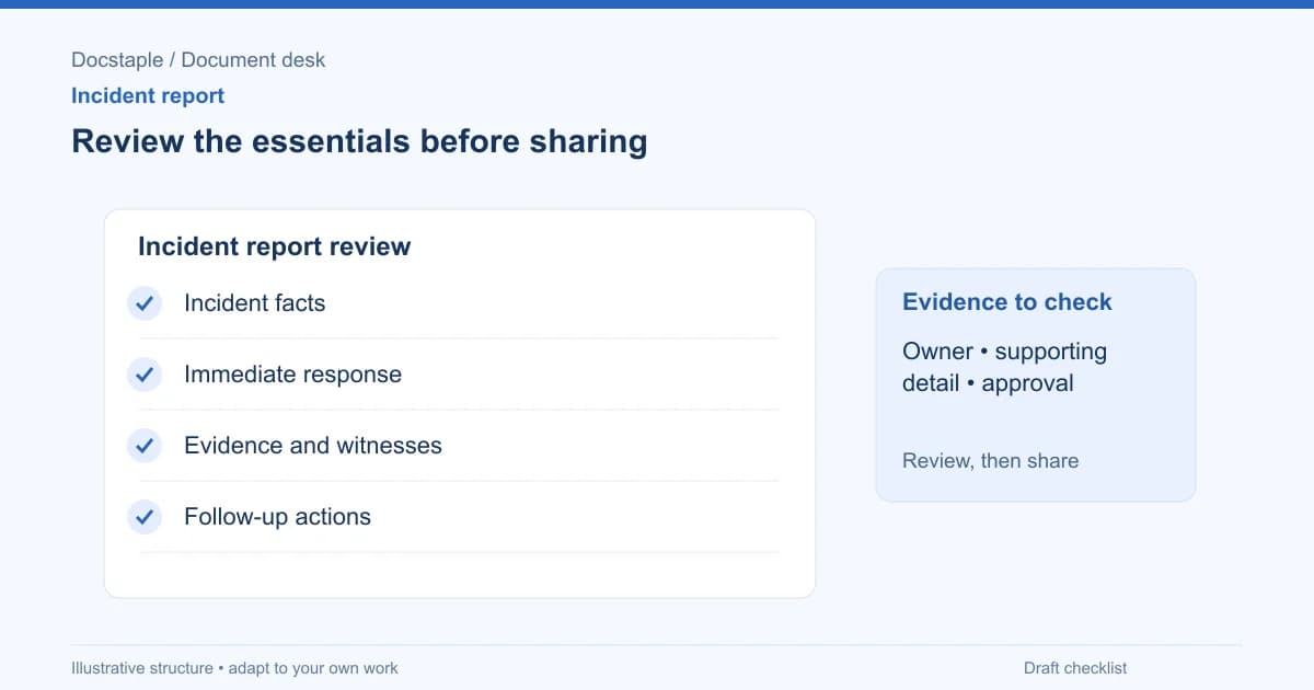 Review the essentials before sharing: Incident facts; Immediate response; Evidence and witnesses; Follow-up actions.
