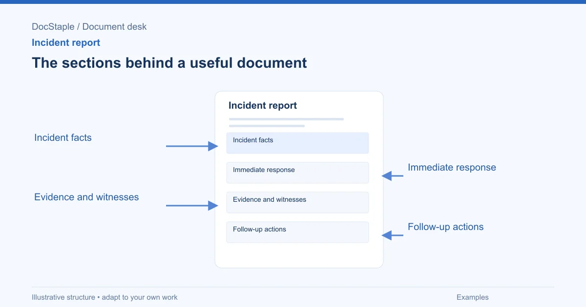 The sections behind a useful document: Incident facts; Immediate response; Evidence and witnesses; Follow-up actions.