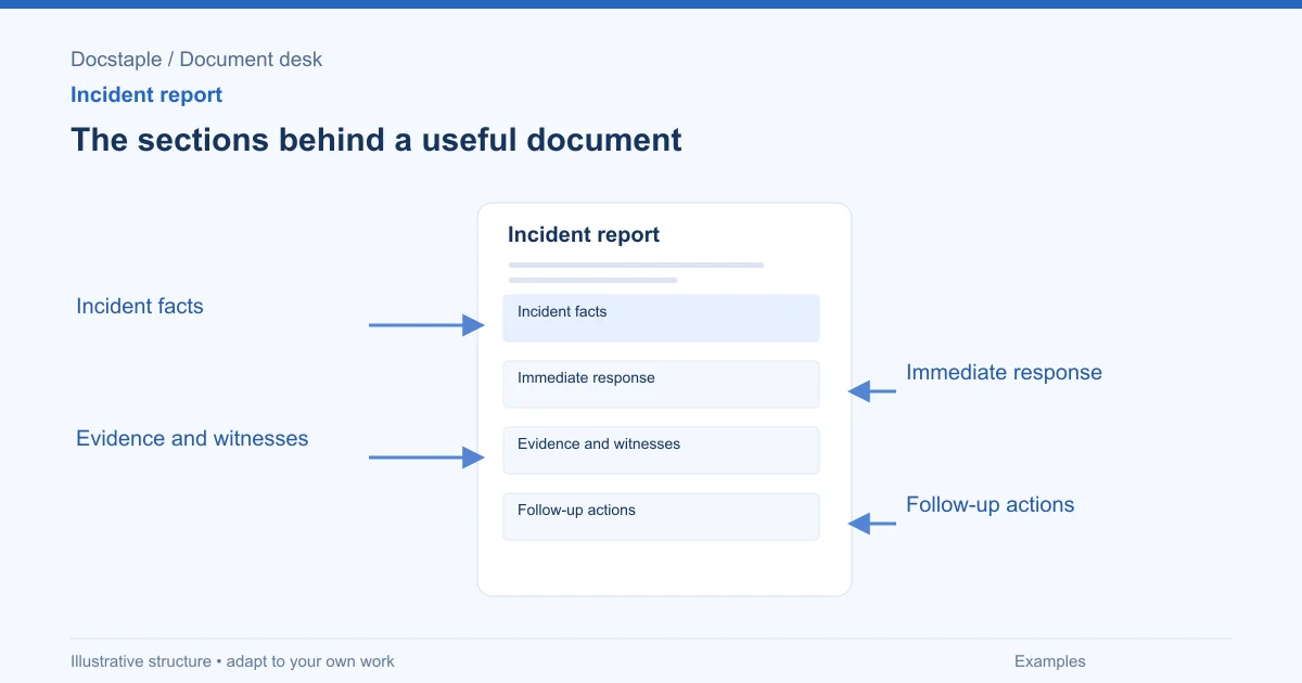 The sections behind a useful document: Incident facts; Immediate response; Evidence and witnesses; Follow-up actions.