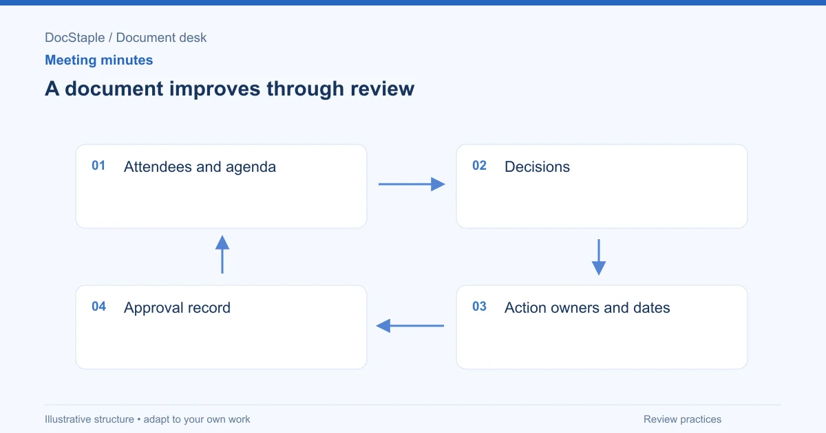 A document improves through review: Attendees and agenda; Decisions; Action owners and dates; Approval record.