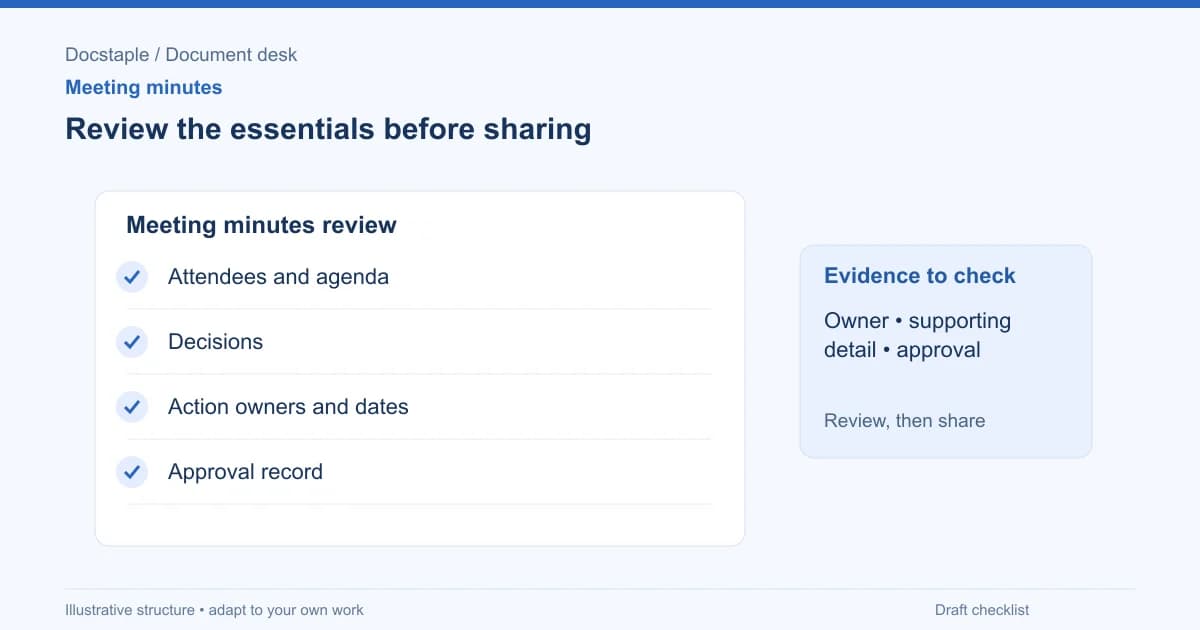 Review the essentials before sharing: Attendees and agenda; Decisions; Action owners and dates; Approval record.