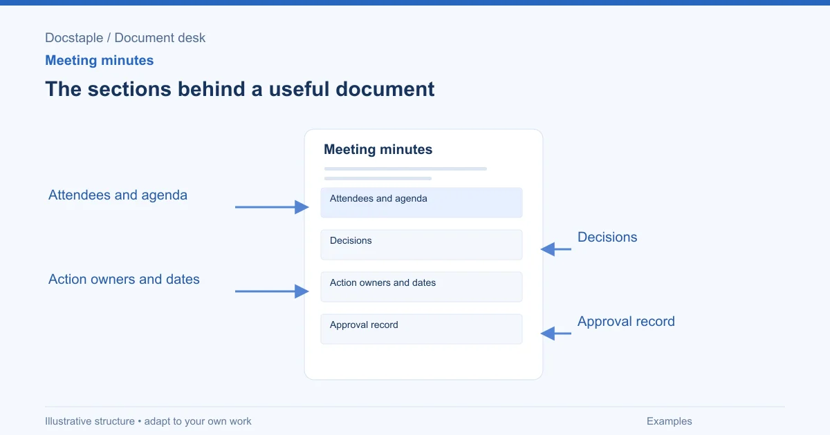 The sections behind a useful document: Attendees and agenda; Decisions; Action owners and dates; Approval record.