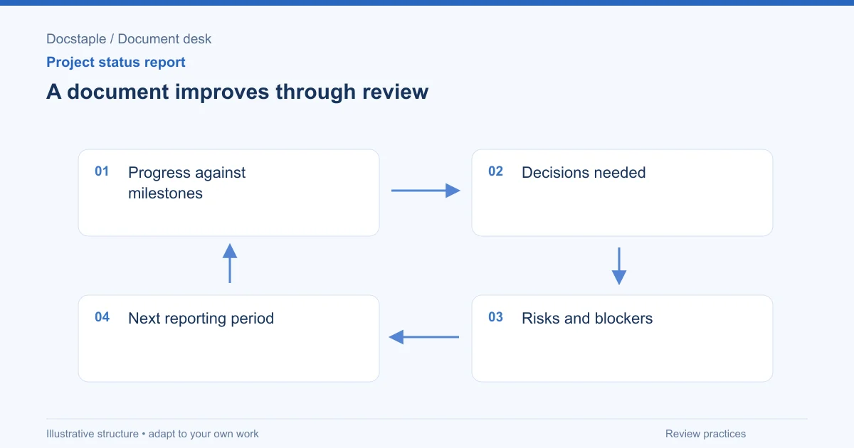 A document improves through review: Progress against milestones; Decisions needed; Risks and blockers; Next reporting period.