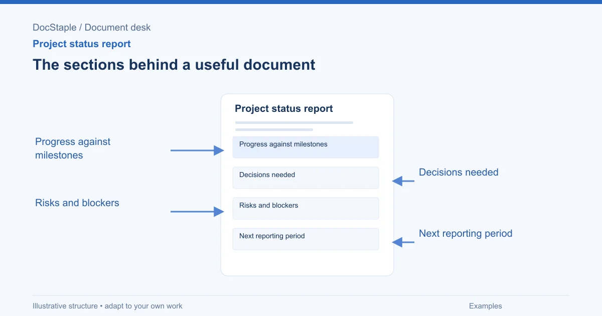 The sections behind a useful document: Progress against milestones; Decisions needed; Risks and blockers; Next reporting period.