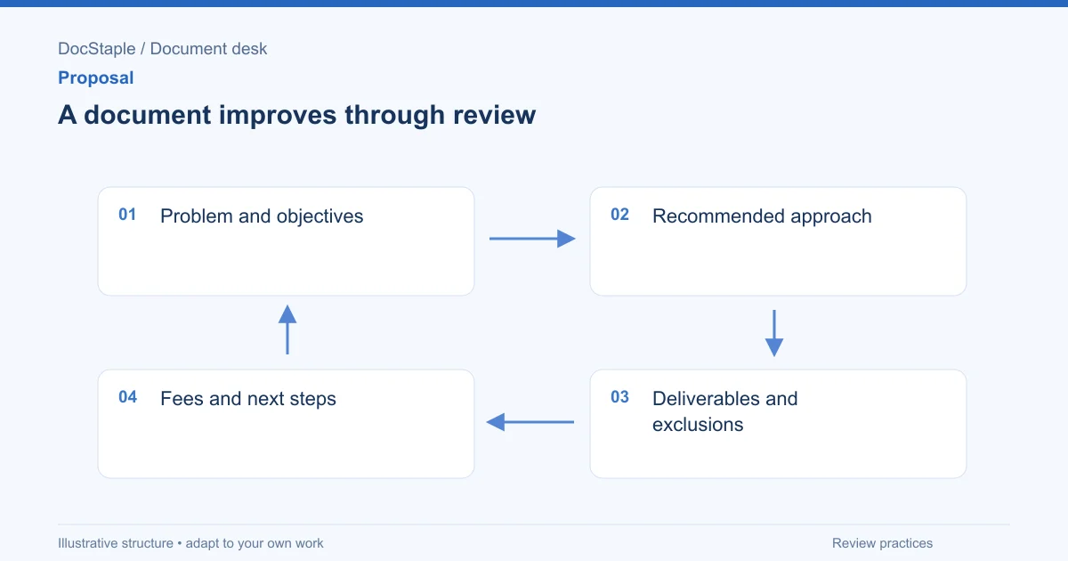 A document improves through review: Problem and objectives; Recommended approach; Deliverables and exclusions; Fees and next steps.