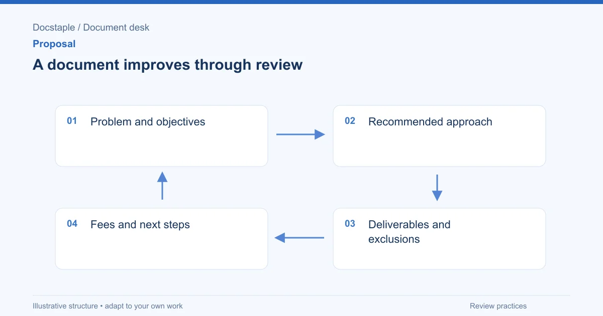 A document improves through review: Problem and objectives; Recommended approach; Deliverables and exclusions; Fees and next steps.