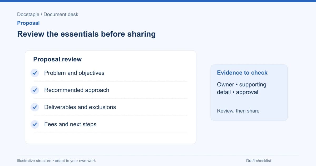 Review the essentials before sharing: Problem and objectives; Recommended approach; Deliverables and exclusions; Fees and next steps.