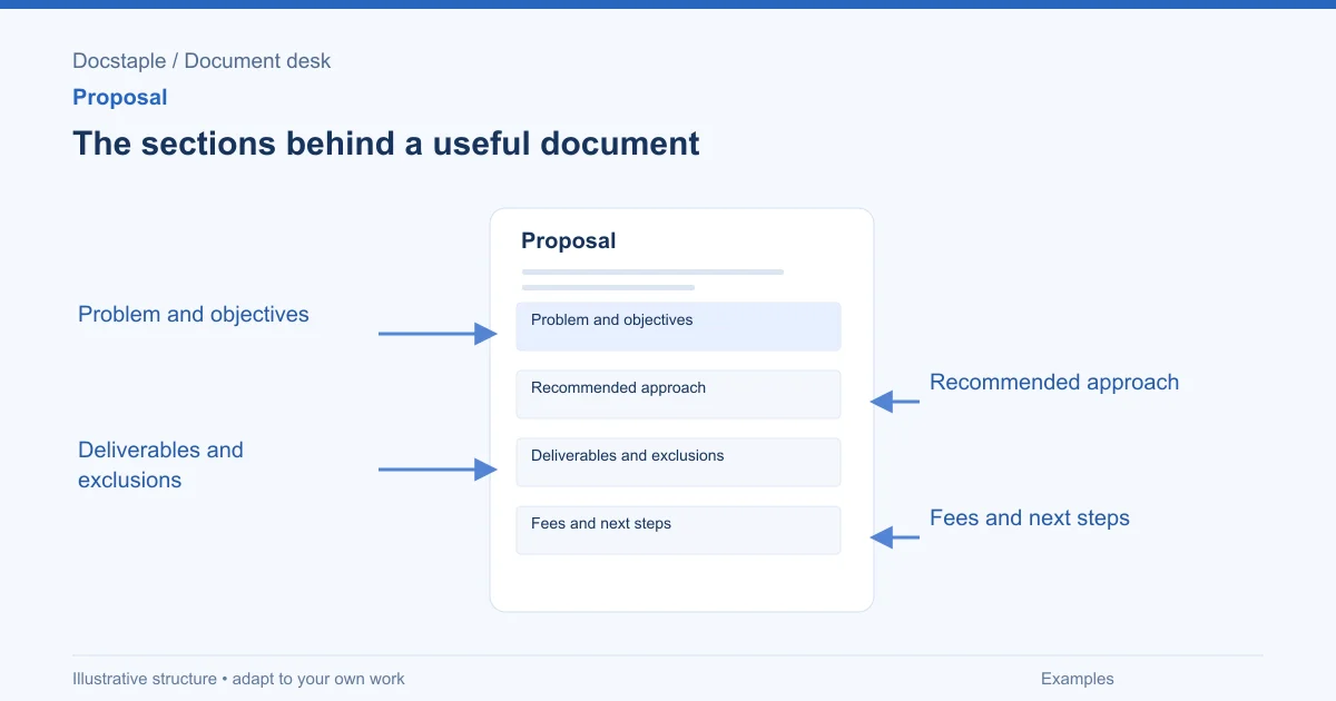 The sections behind a useful document: Problem and objectives; Recommended approach; Deliverables and exclusions; Fees and next steps.