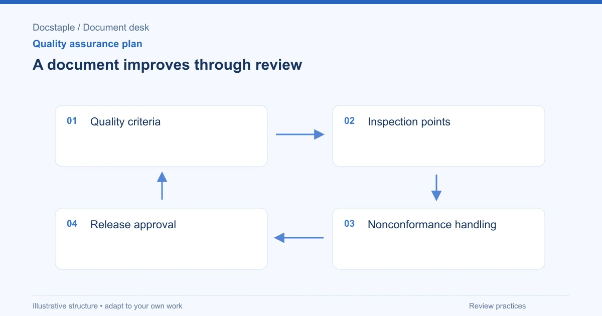 A document improves through review: Quality criteria; Inspection points; Nonconformance handling; Release approval.
