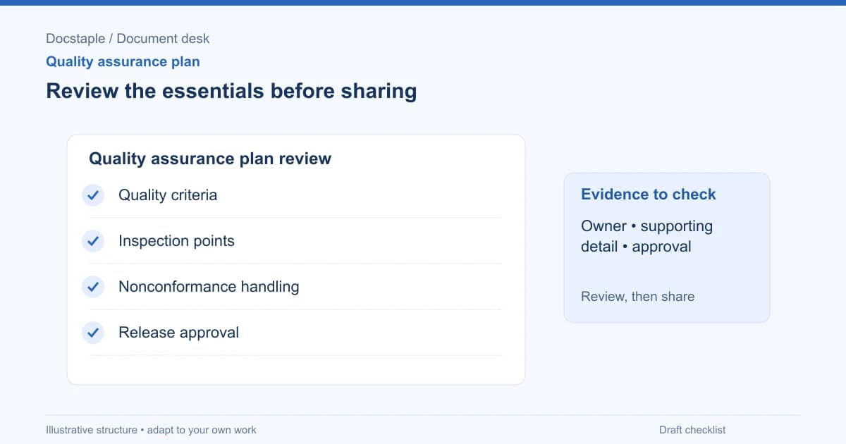 Review the essentials before sharing: Quality criteria; Inspection points; Nonconformance handling; Release approval.