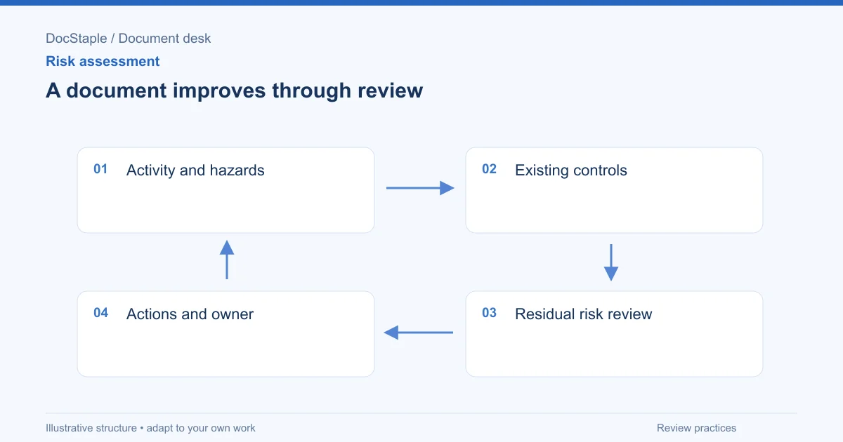 A document improves through review: Activity and hazards; Existing controls; Residual risk review; Actions and owner.