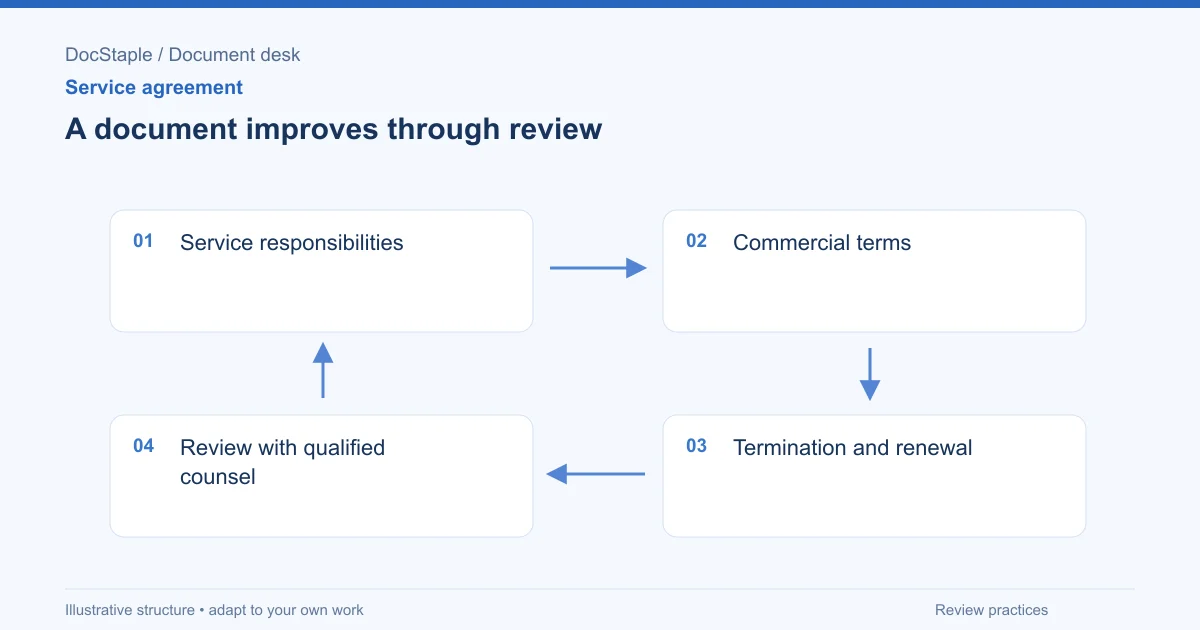 A document improves through review: Service responsibilities; Commercial terms; Termination and renewal; Review with qualified counsel.