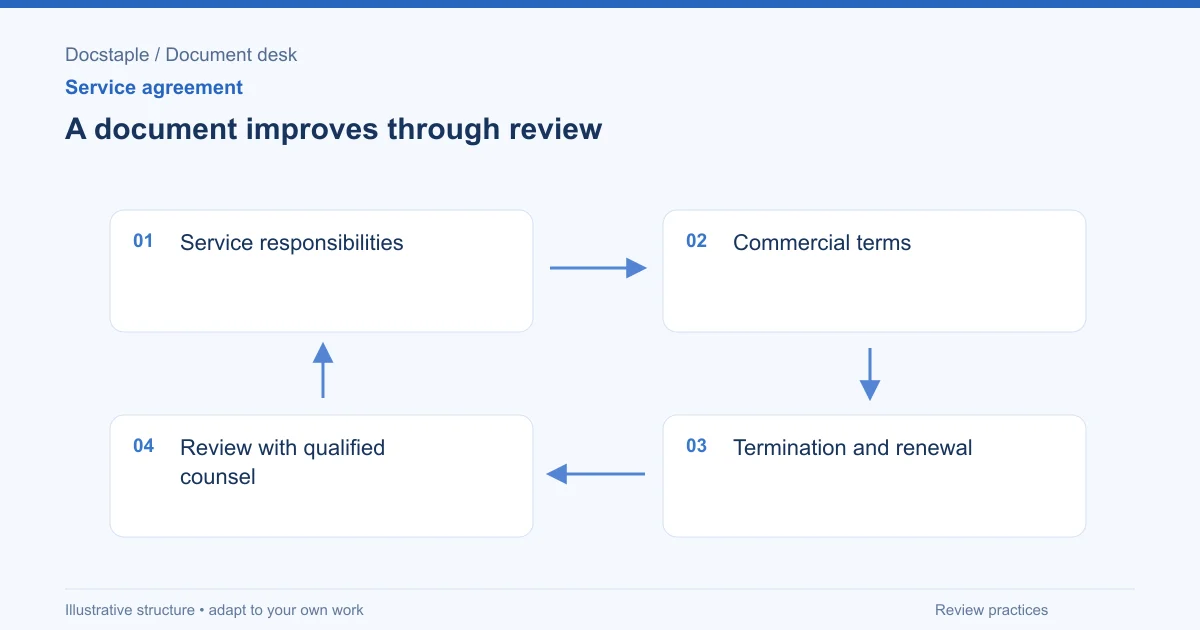 A document improves through review: Service responsibilities; Commercial terms; Termination and renewal; Review with qualified counsel.