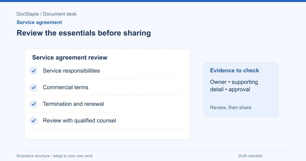 Review the essentials before sharing: Service responsibilities; Commercial terms; Termination and renewal; Review with qualified counsel.