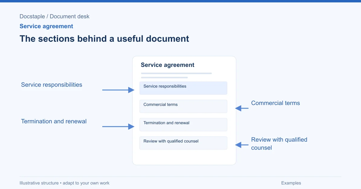 The sections behind a useful document: Service responsibilities; Commercial terms; Termination and renewal; Review with qualified counsel.