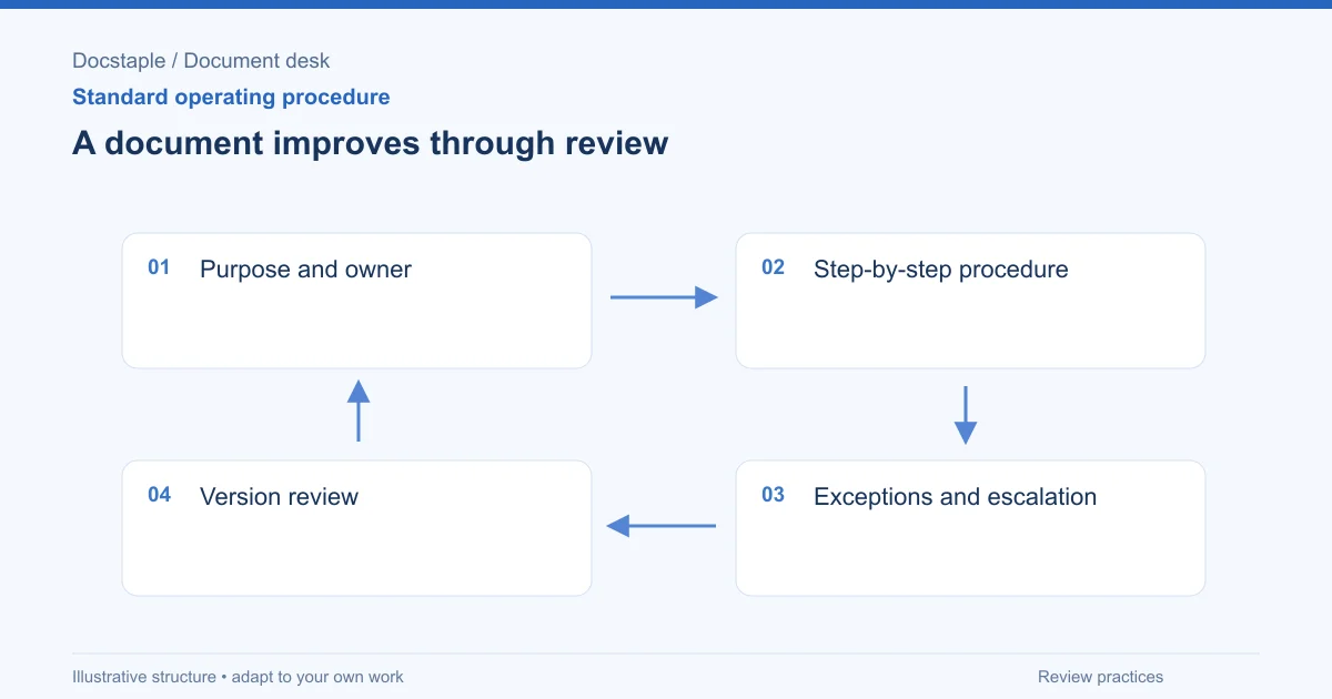 A document improves through review: Purpose and owner; Step-by-step procedure; Exceptions and escalation; Version review.
