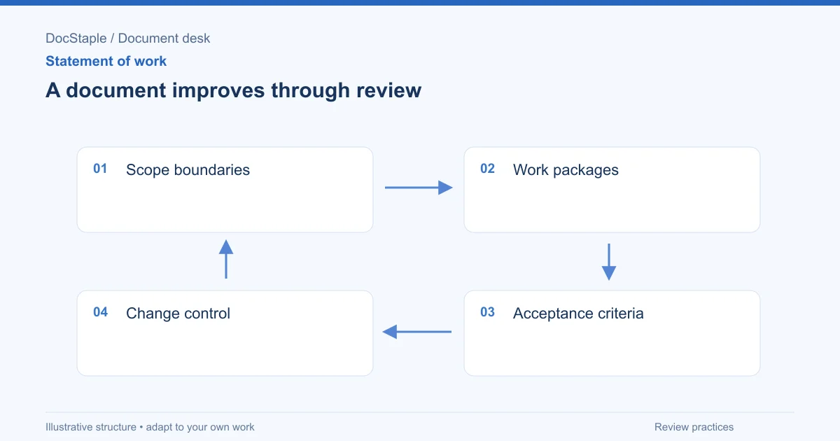A document improves through review: Scope boundaries; Work packages; Acceptance criteria; Change control.