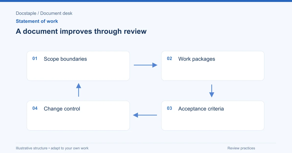 A document improves through review: Scope boundaries; Work packages; Acceptance criteria; Change control.