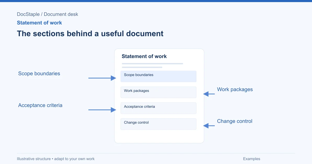 The sections behind a useful document: Scope boundaries; Work packages; Acceptance criteria; Change control.