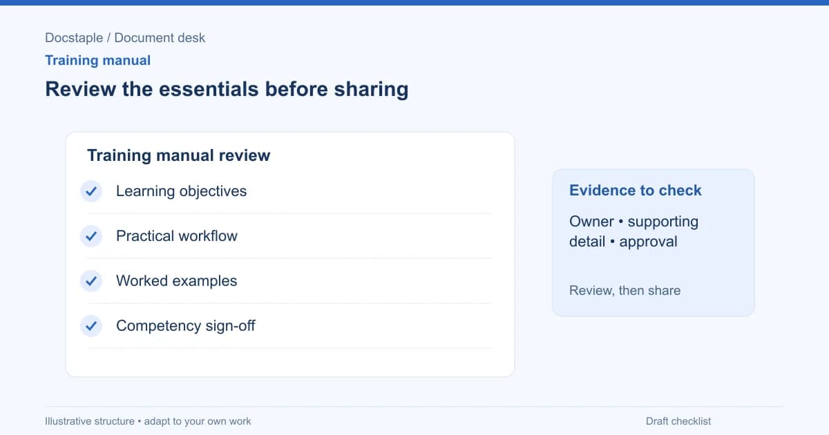 Review the essentials before sharing: Learning objectives; Practical workflow; Worked examples; Competency sign-off.