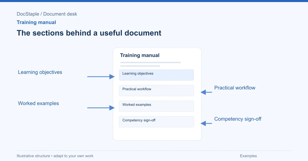 The sections behind a useful document: Learning objectives; Practical workflow; Worked examples; Competency sign-off.