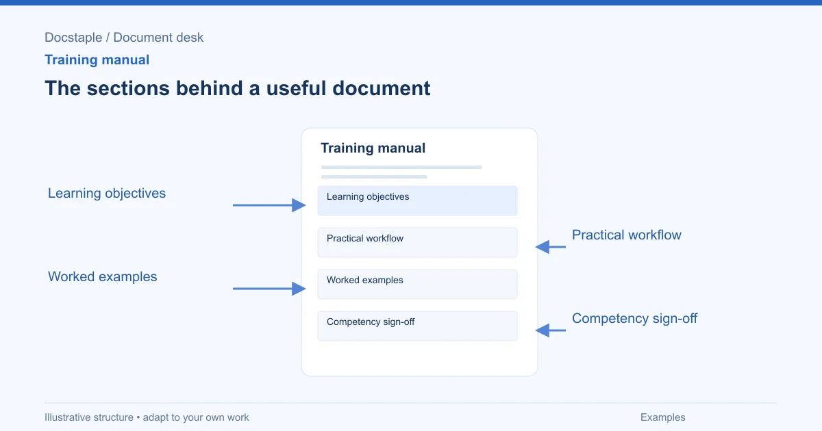 The sections behind a useful document: Learning objectives; Practical workflow; Worked examples; Competency sign-off.